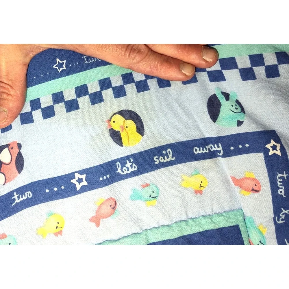 Vtg Noah's‎ Ark Two By 2 Baby Crib Quilt Blanket Bedtime Originals Blue Animals
